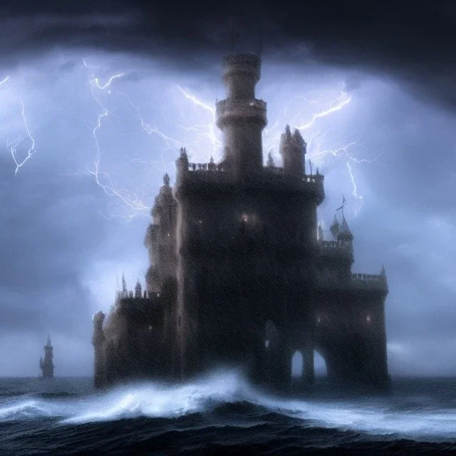 an ocean storm with clouds and lightning, castle, minarets, 8k resolution, high-quality, fine-detail, intricate, digital art, detailed matte, volumetric lighting, baroque, illustration, octane render, brian froud, howard lyon, selina french, George Grie, Ben Goossens, Igor Morski