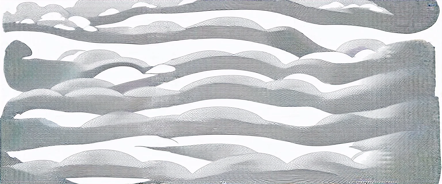 a series evenly spaced curved horizontal lines with paths inspired by clouds, cloud topography, whimsical cute, black lines on white, vector lines