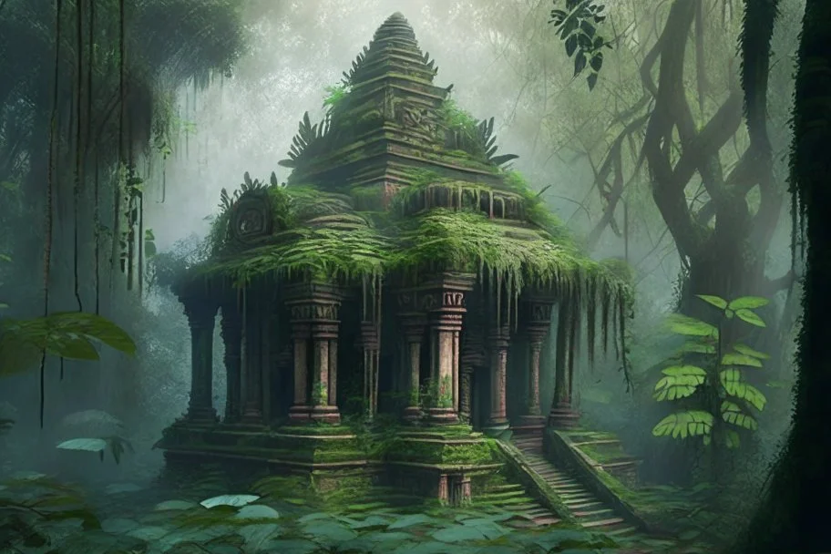 An old wooden Hindu temple overgrown with vines, in a forest, mist