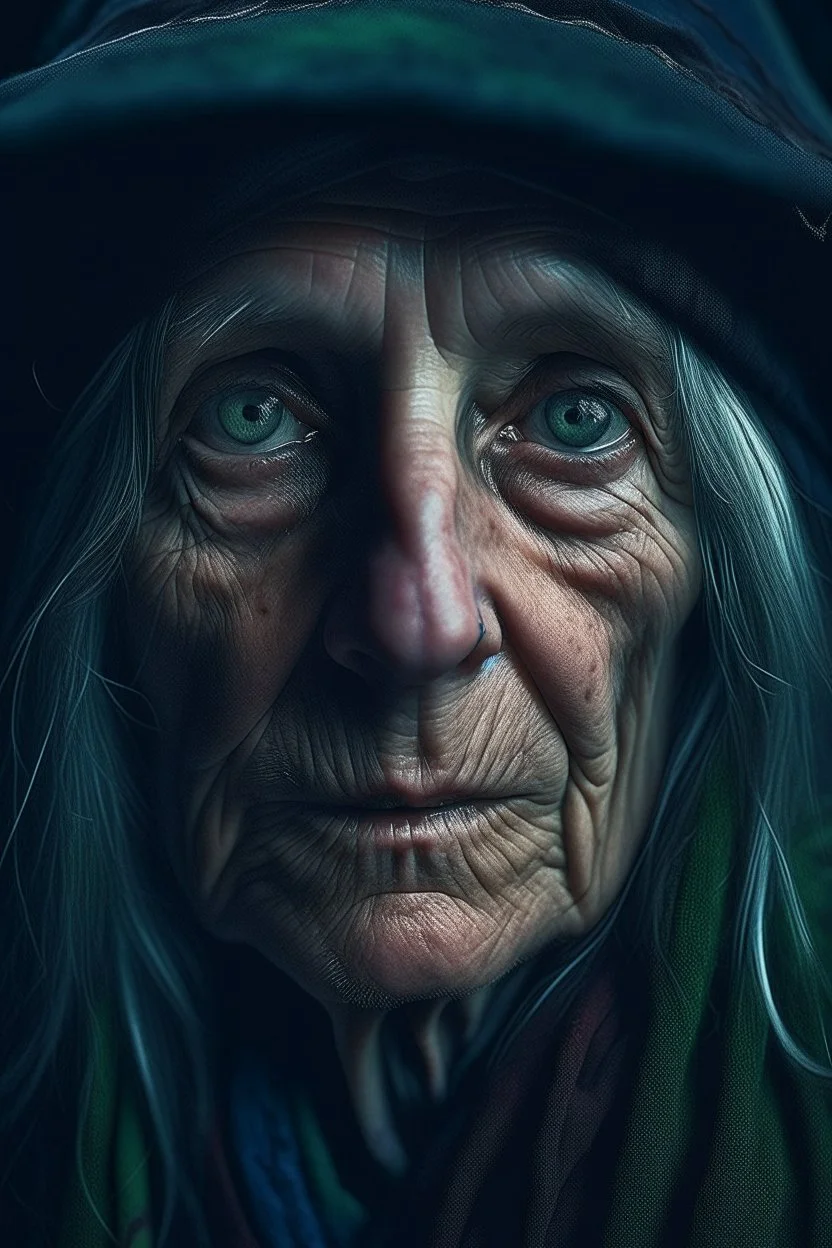 an amazing portrait of A hauntingly of an old witch who inspires artists with her cryptic wisdom., deep lines etched on his face from endless contemplation, cool clothing, dark colors, macabre, horror, gothic, perfect eyes, perfect face, perfect body, Cinematic, Color Grading, Film Grain, Photography, Photoshoot, 35mm, Fujifilm Superia, Depth of Field, Field of View, Blur Effect, F/2.8, Vignette, Dark, Dark Mode, Technicolor, Kodachrome, 5D, Cinematic Lighting, Volumetric Lighting