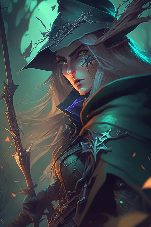 elven witch hunter from warhammer, anime style, depth of field, nvidia graphics, lightrays, trending art, movie poster