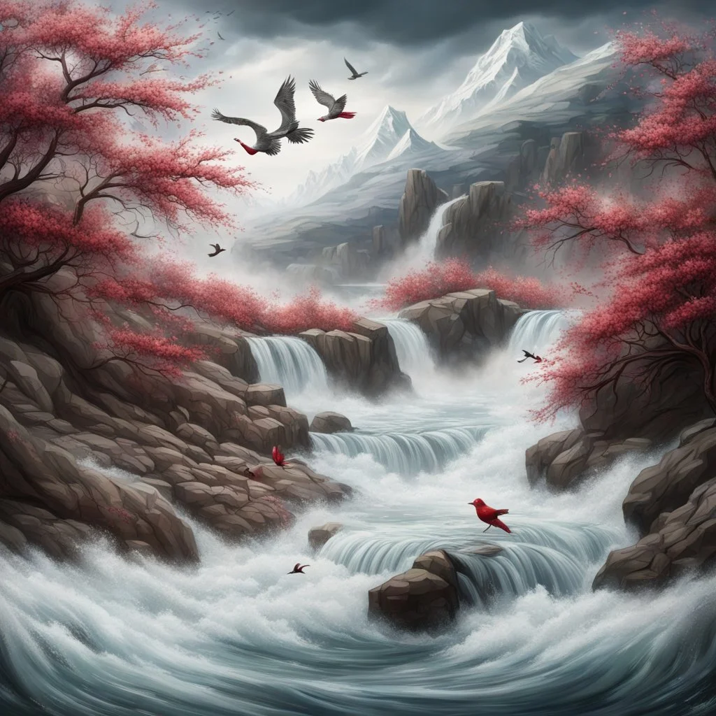 Rustic cherry branch floating down narrow rushing river, violent rapids, white peaks, birds flying. Highly detailed, fantasy, beautiful,hyperrelastic,