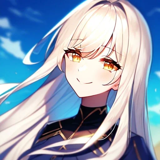 Clear focus, 8k, high quality, detailed, beautiful lighting, vibrant colors, white long hair, vibrant golden eyes, girl, angry, smile, in mid sky, sky background