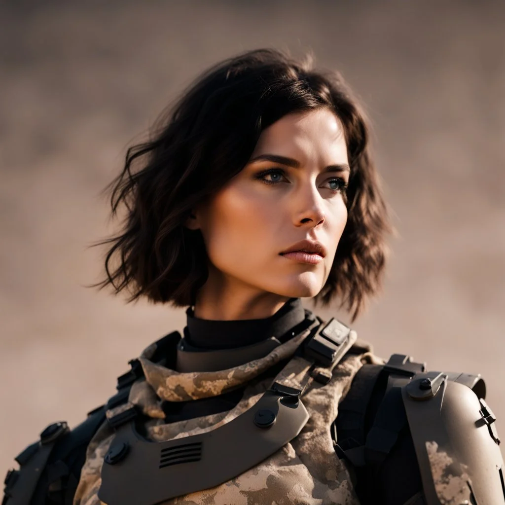 beautiful sexy caucasian female soldier, black metal body and limbs, visible cybernetic limbs, scratched sand camo, no armor, short brunette wavy bob haircut, dystopian, desert scene