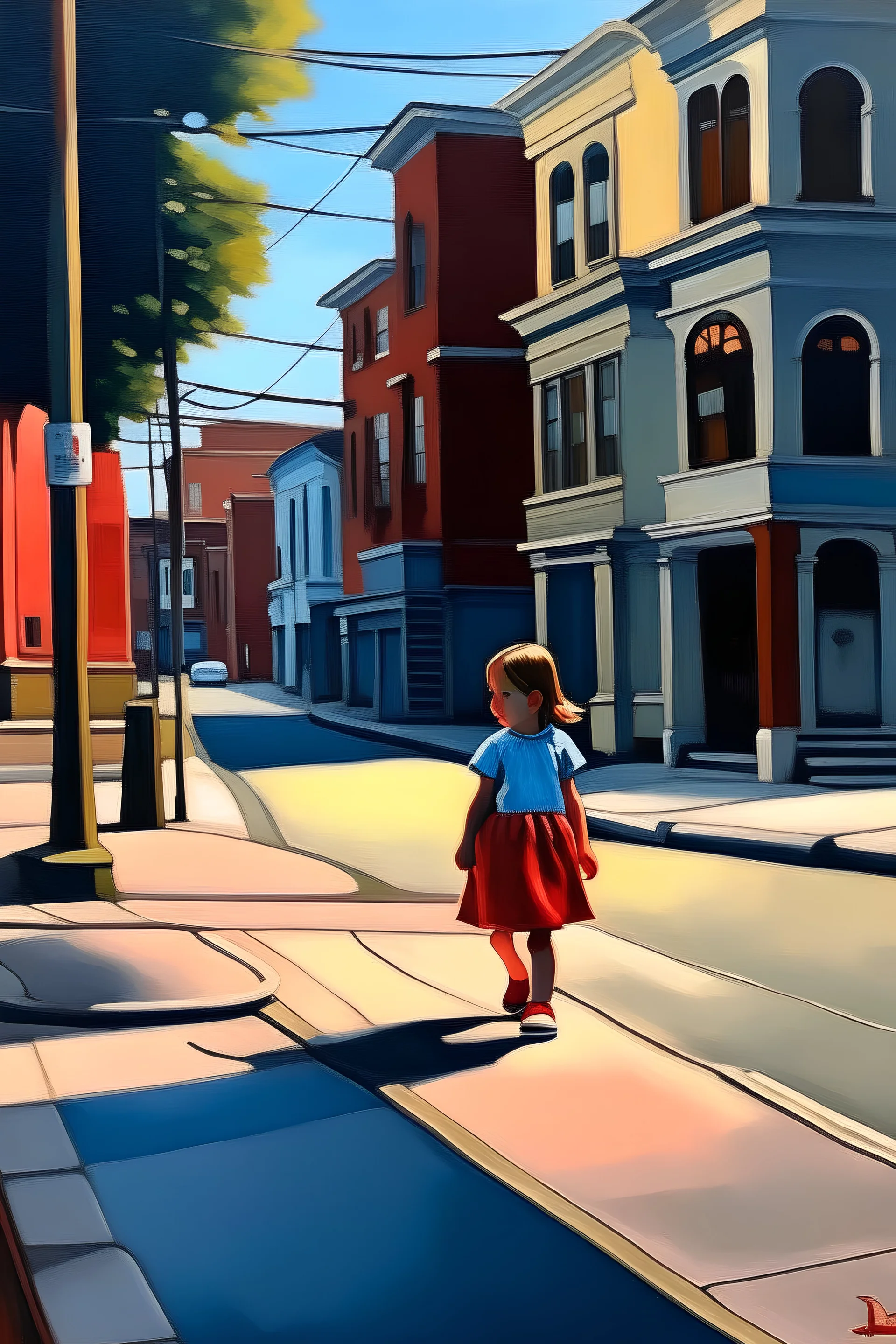 tableau d'une petite fille marchant dans une rue de la ville à la manière de EDWARD HOPPER