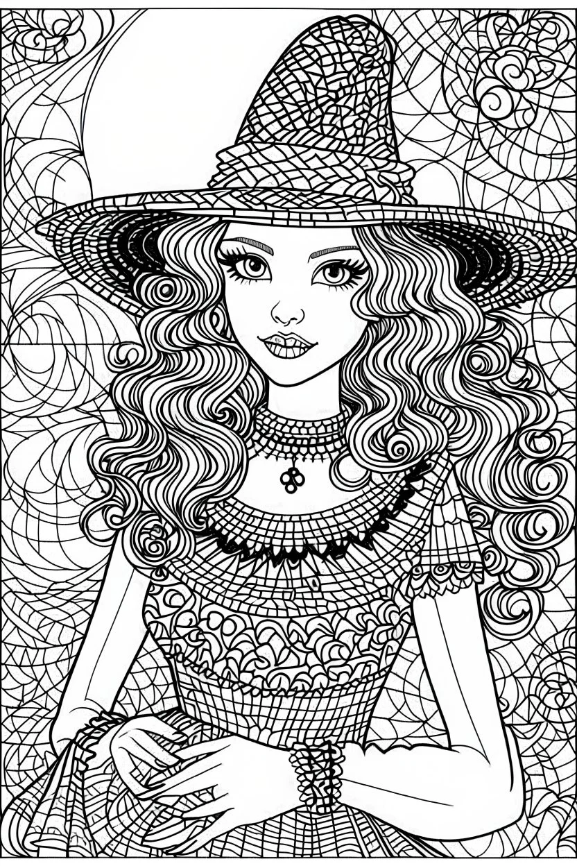 coloring pages for adults, beautiful girl in hallowen costume, in the style of Blocky, Swirly lines, Low Detail, Graded background, Black and white, No Shading, --ar 9:16