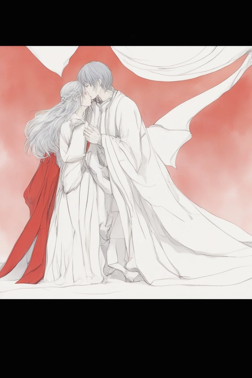 Couple from dnd kissing, woman with white hair wearing a dress, man with long black hair tunic and red cloak.