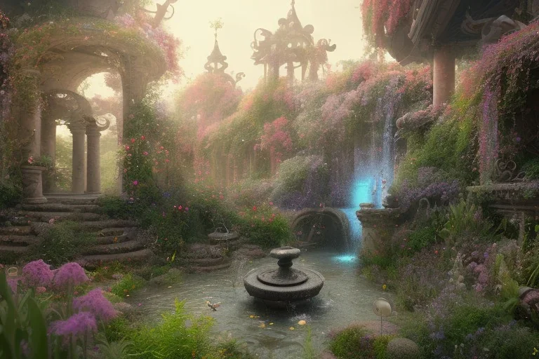 beautiful hyperrealistic secret flower garden in the middle of temple ruins, water fountain, birds flying, highly detailed, digital painting, trending artstation, concept art, illustration, cinematic lighting, vibrant colors, photorealism, epic, octane render