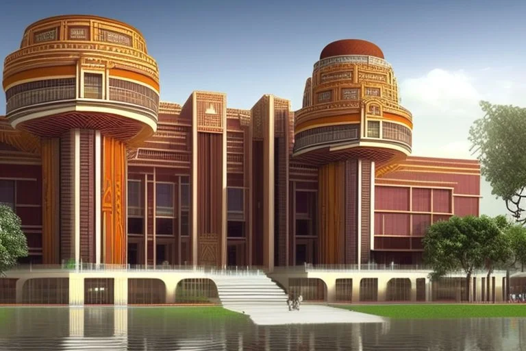 Worlds best building design for a college campus. Unique and brilliant architectural design. Use Indian hindu style mixed.