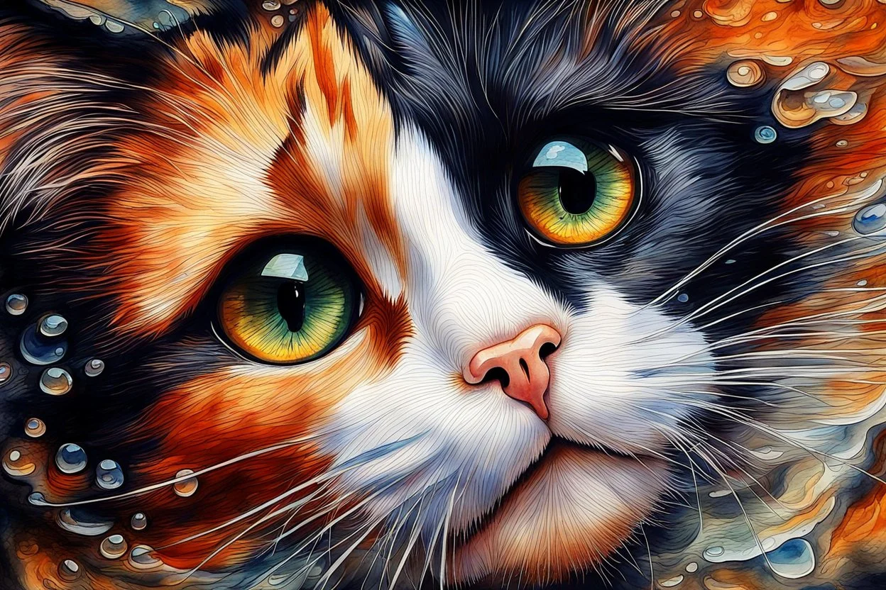 Golden ratio, ultra detailed watercolor painting, wet on wet painting, soft edges beautiful (((Masterpiece))) Create an image of a calico cat partially submerged in water, with its face and upper neck visible just above the surface. The cat has distinct patches of orange, black, and white fur, giving it a vibrant and colorful appearance. Its eyes are large and expressive, with a bright green hue that reflects the light filtering through the water. The background is a rich und
