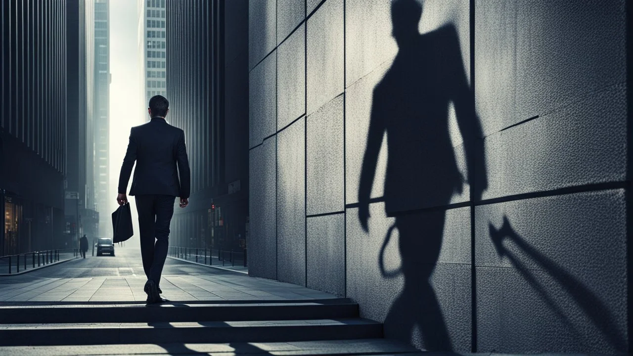 a high realistic photo from a business man walkings on street and behind his own shadow into an devil walking on big wall , modern city, weird atmosphere.detalied, sharp focus, surreal mood, thriller, dark dream