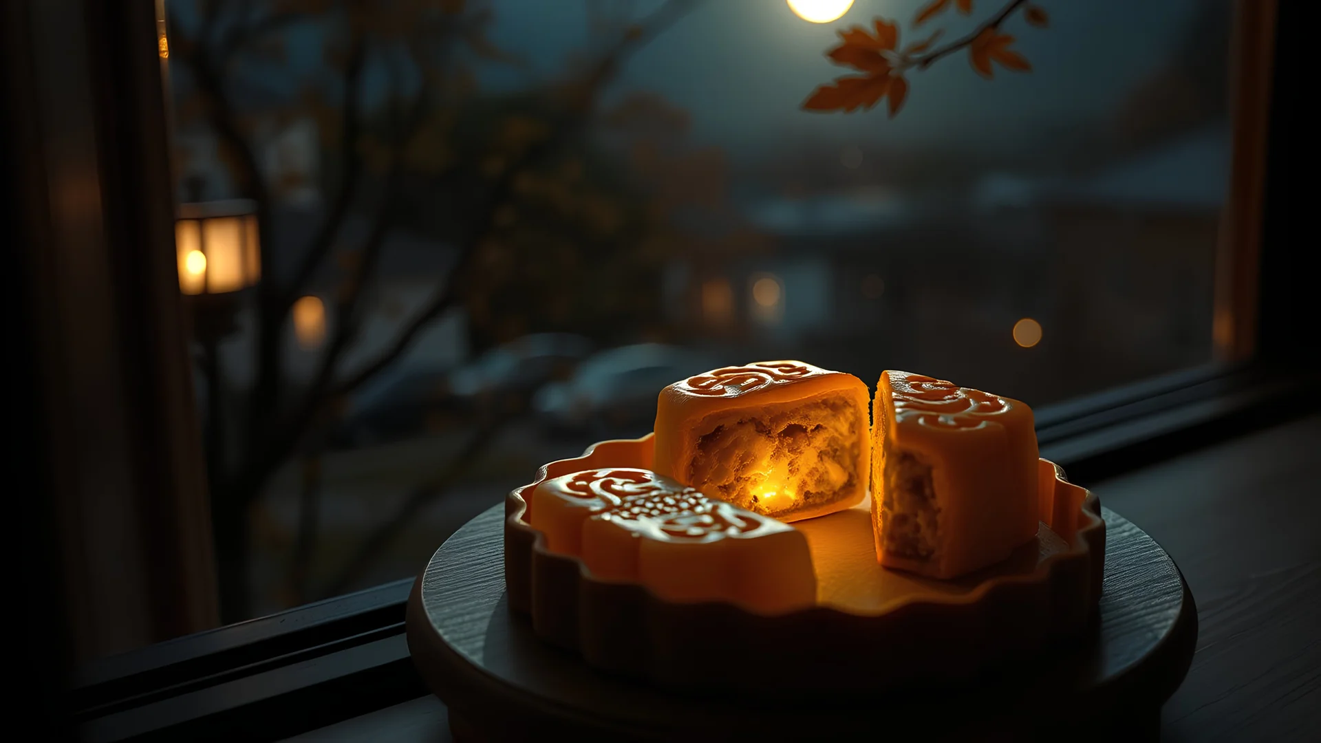 45 degree top view, mooncakes, one cut open, lifestyle, depth of field, autumn, a sense of life, night, by the window, moonlight. 32K, uhd,spot light,bubble atmosphere,window view,foreground, middle shot, long shot,(((bling)))