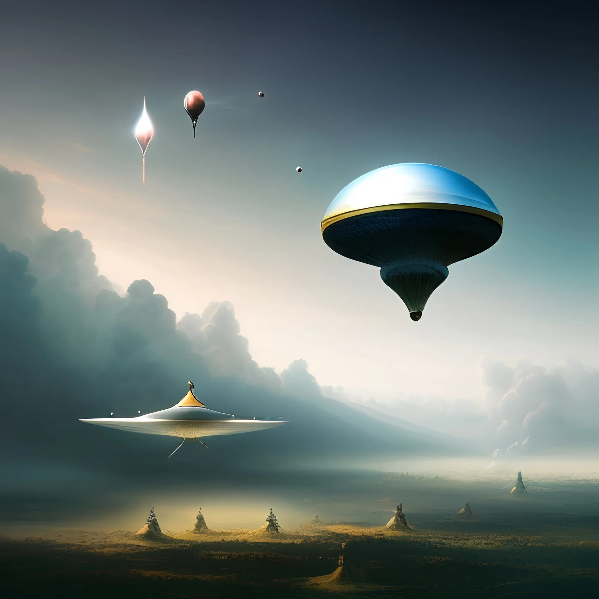 ufo on the sky, salvador dali, cinematic, symmertrical shape, realistic, Epic scale,