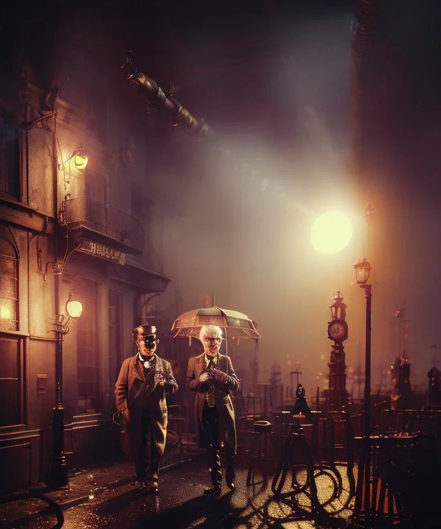 steampunk, cabaret scene. old man. little monkey, Sunglasses, rain, smoking, happy, hot. A lot of people background, highly detailed, concept art, unreal engine 5, god rays, ray tracing, RTX, lumen lighting, ultra detail, volumetric lighting, 3d, finely drawn, high definition, high resolution.