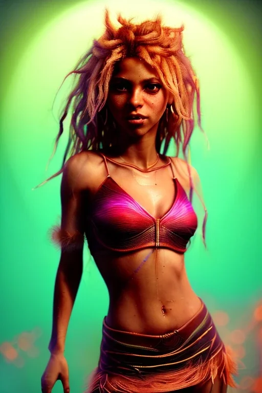 Shakira, artist, 30 years old, Realistic image, waist up portrait, etro style dress. Blonde, feathers, loose long hair, eyes make up, perfect, glow, circle iris. Neon colors, leds, geometric shapes. Dark background, photo studio, neon lights. Cyberpunk, concept art, smooth, unreal engine 5, god lights, ray tracing, RTX, lumen lighting, ultra detail, volumetric lighting, 3d, finely drawn, high definition, 4k.