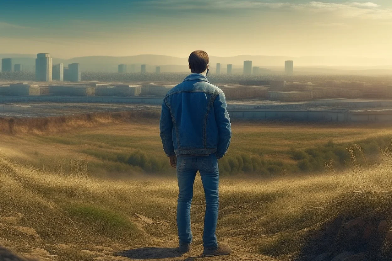 a man, dressed in jeans and jacket, standing, looking straight ahead, with the city behind him, on land out of the city, dirt terrain and low vegetation realism, photography of reality, real, 16K, warm light