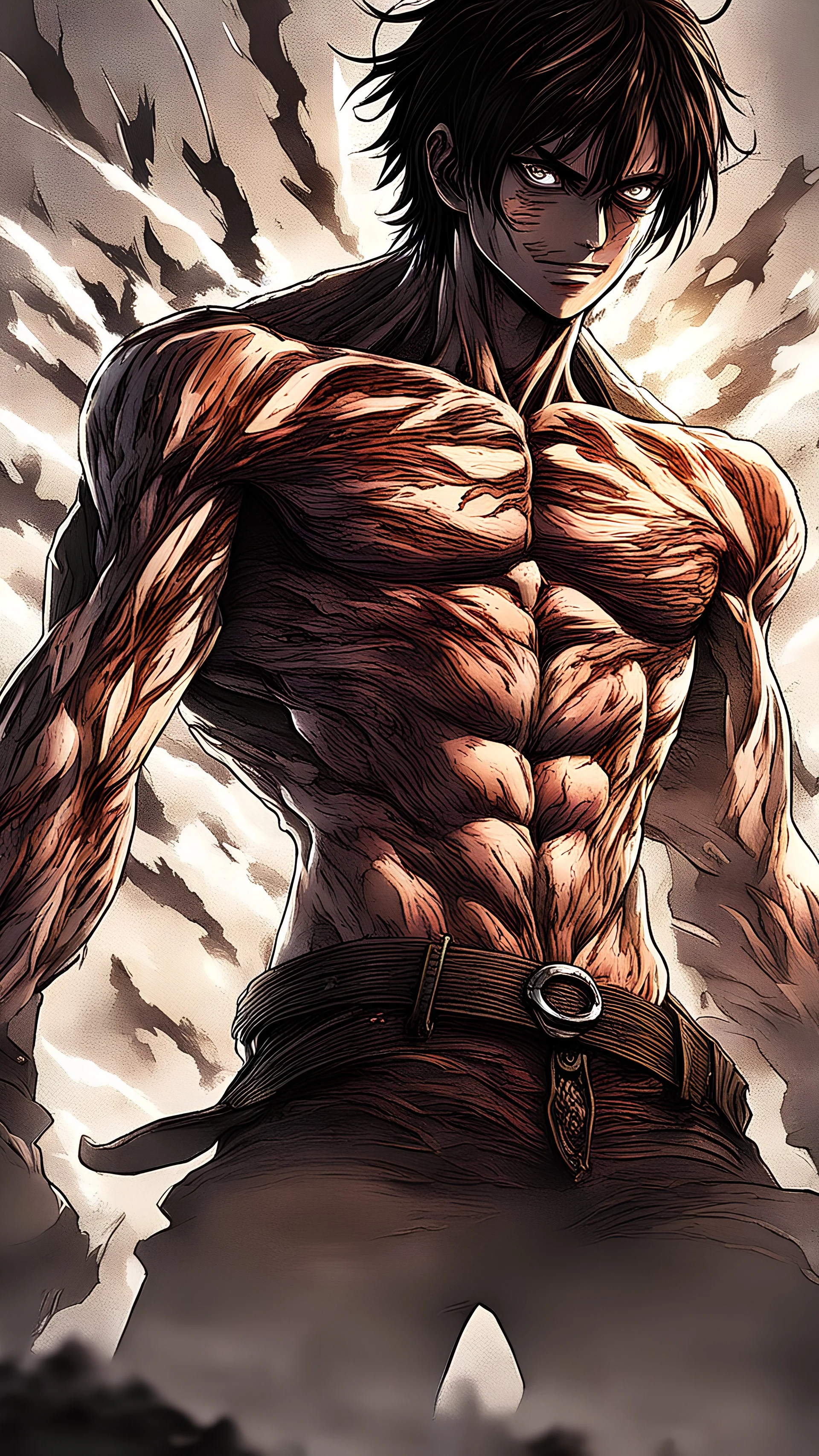 In the heart of the battlefield, Eren Yeager undergoes a profound transformation into his Titan form. The scene is bathed in an otherworldly, powerful light that highlights every intricate detail of his changing anatomy. The transformation is not only physical but also emotional, as Eren grapples with the brutal power surging through him. Describe this awe-inspiring moment with vivid detail, capturing the intensity of the metamorphosis, the emotional turmoil within Eren, and the sheer raw power