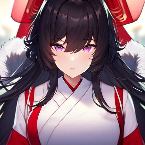 Clear focus,High resolution,8k, Beatiful Lighting, black short fluffy hair, long fluffy bangs, purple eyes, wearing a miko outfit, extreme close up