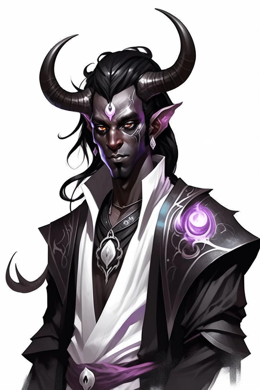 En Young male Black skin black hair tiefling White Wizard with large Black horns with a bit of Purple horns same size going from the front to the back. glowing Silver and White symbols