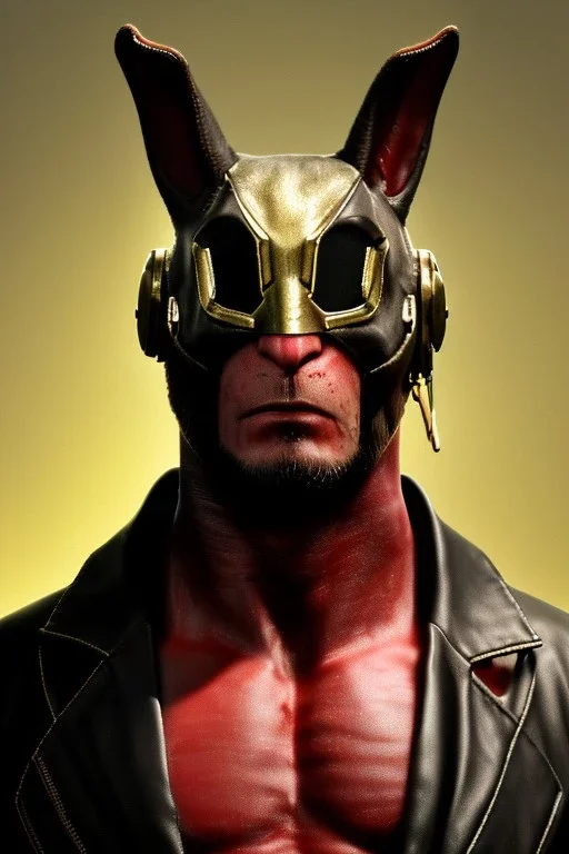 Medium Close Up Portrait, Front image. cyberpunk, rabbit mask helmet, strong man, gold hair. Leather suit. Black, red, color. Hellboy style. Color background, photo studio. Avatar image, highly detailed, concept art, smooth, unreal engine 5, ray tracing, RTX, lumen lighting, ultra detail, volumetric lighting, 3d, finely drawn, high definition, high resolution.