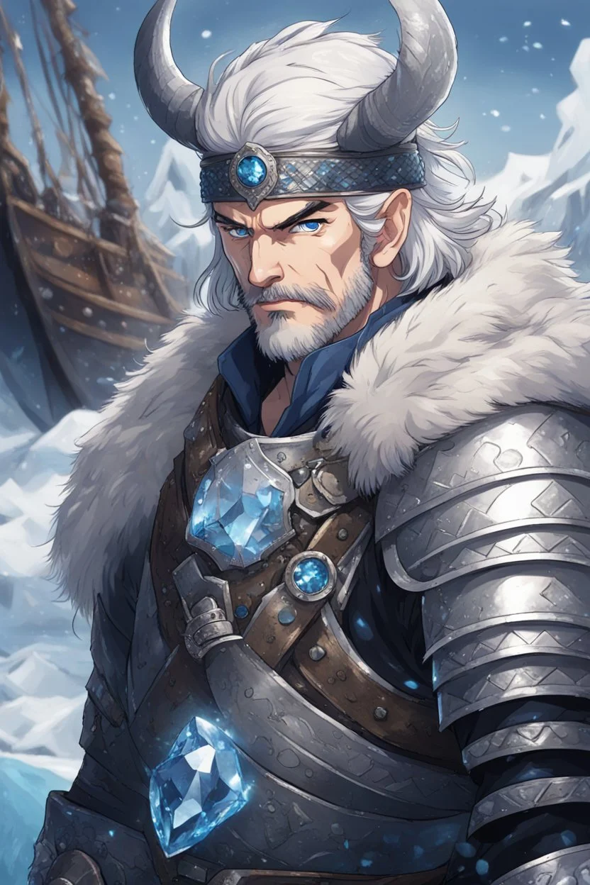 in anime style,1older man, a man with blue eyes and black hair man in silver Viking armor with fur around the neck with blue crystal on his chest holding an axe in his hands standing on a pirate ship in the artic, warrior in anime style,