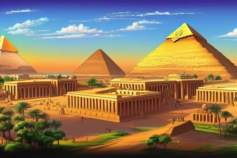 An ancient Egypt city at the Nile, pyramids in the background, Egyptian temples, lush vegetation, sunrise, stunning environment, perfect composition, professional digital painting, super highly detailed, wide-angle, extremely realistic, diffused lighting, 8 k Uhd, god rays