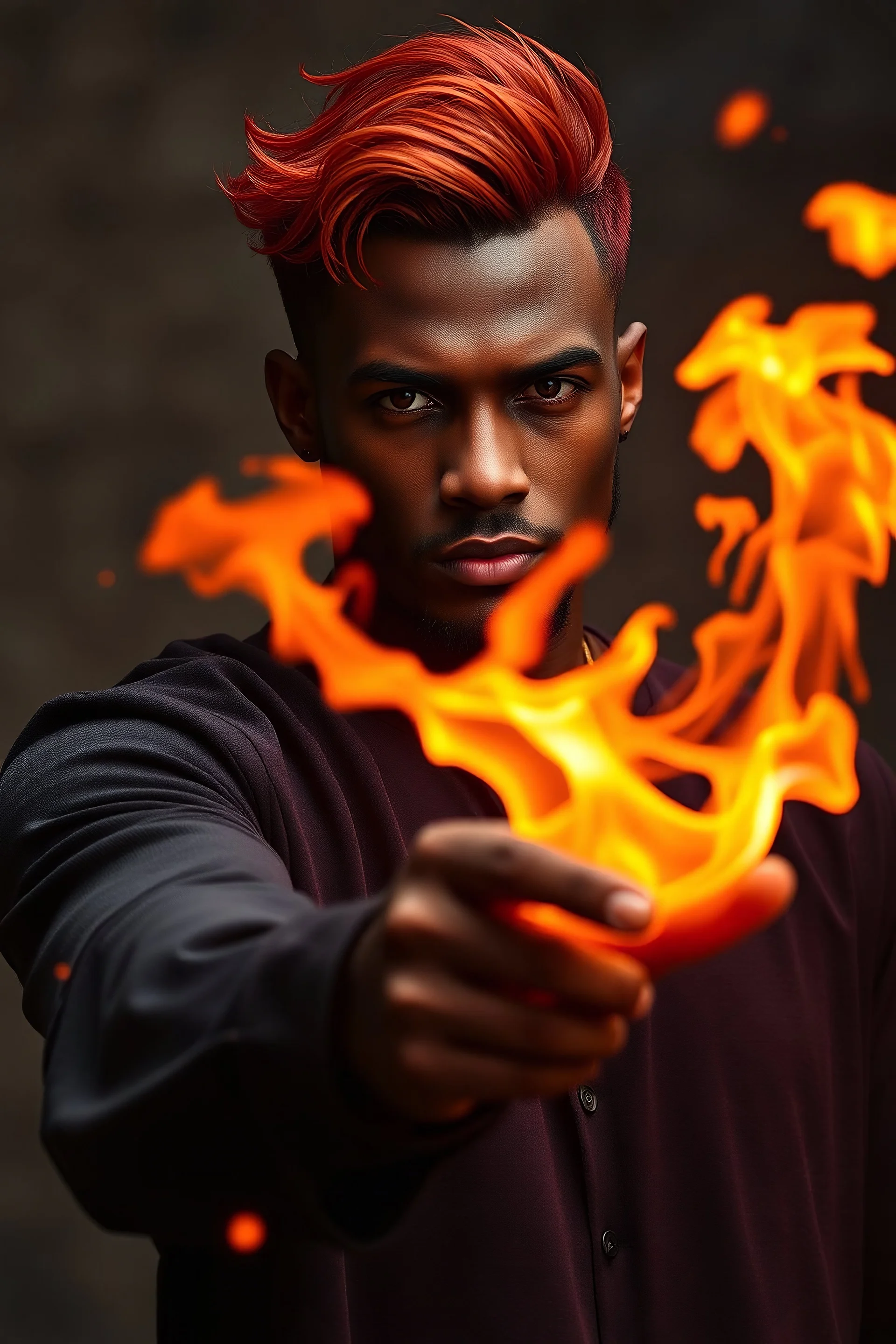 tall and handsome black man that has deep brown eyes and fiery red hair using fire magic