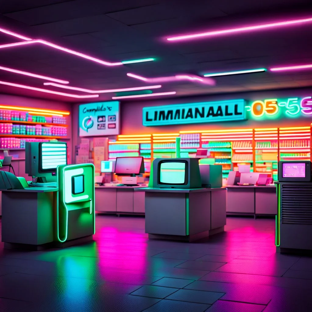 Unsettling office, neon lights, signs, empty, a computer is running, liminalcore, windows 95 logos, supermarket, children park