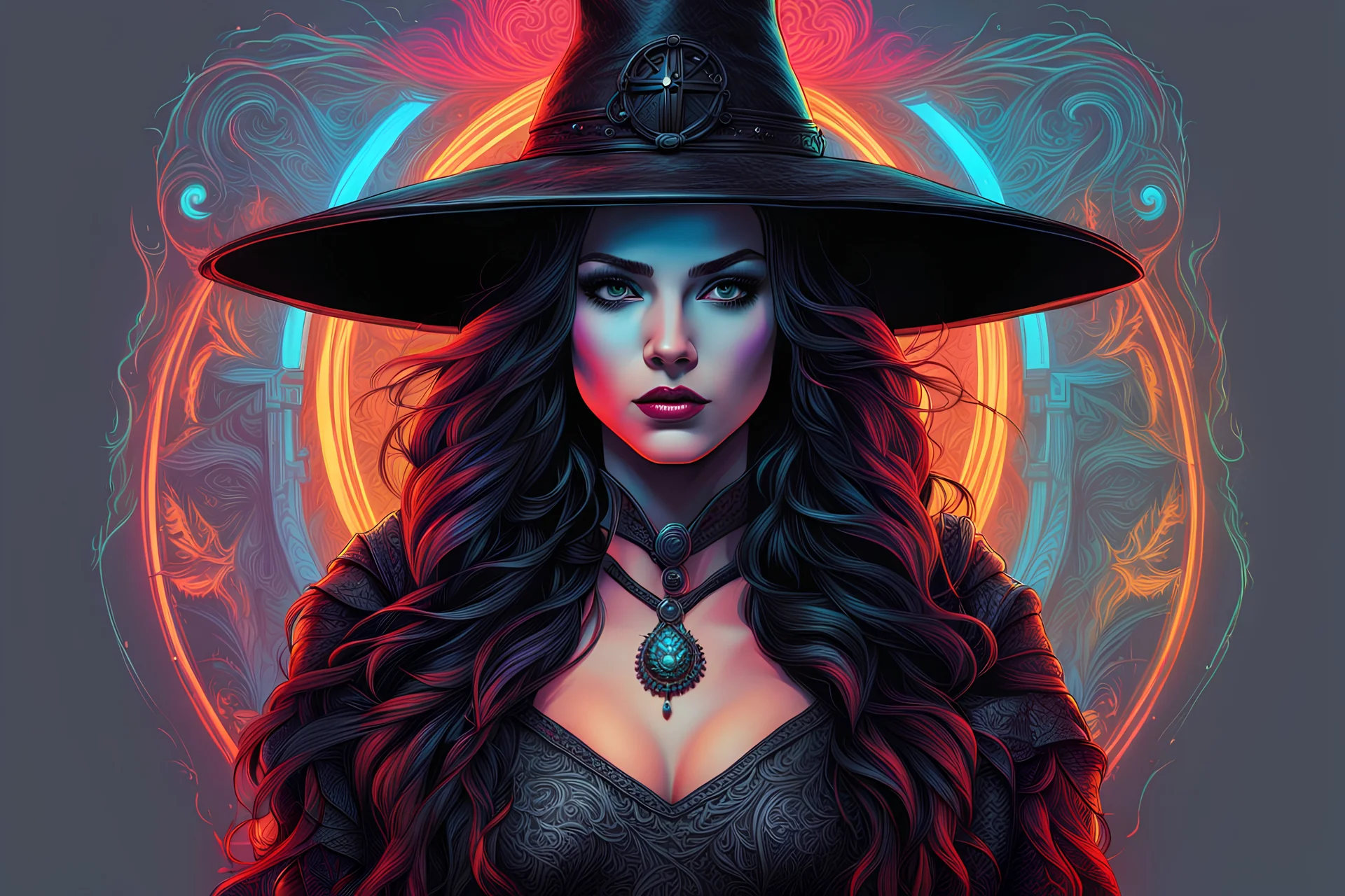 The witch in 8k sci-art drawing style, clash of the them, the which custom, neon effect, intricate details, highly detailed, high details, detailed portrait, masterpiece,ultra detailed, ultra quality