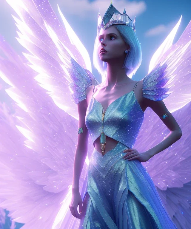 A crystalised queen, atmospheric, realistic, unreal engine, cinematic lighting, octane render. blue, pink, transparency, light, shine,bright, full body, transparent wings, blonde, long hair, nice smile