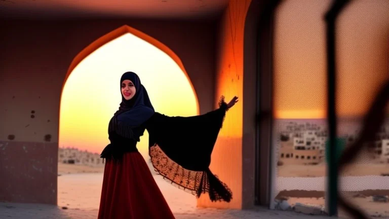 A Palestinian girls have wings wearing an palestinian dress in gaza during sunset in winter.