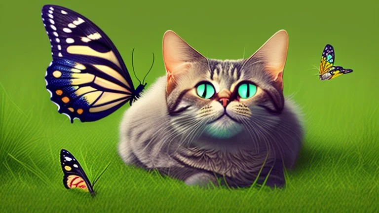 Funny cat in the grass with one butterfly