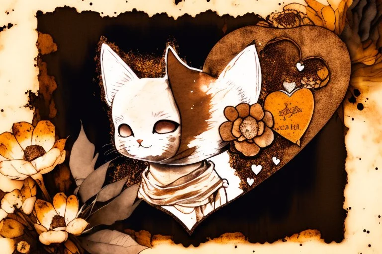 good night picture in ochre, double exposure, merged layers, burned burlap, cute chibi anime cat, beautiful surrealistic composition, melting watercolor and black ink on wet paper in sunshine, flowers, heart and love, ethereal, cinematic postprocessing