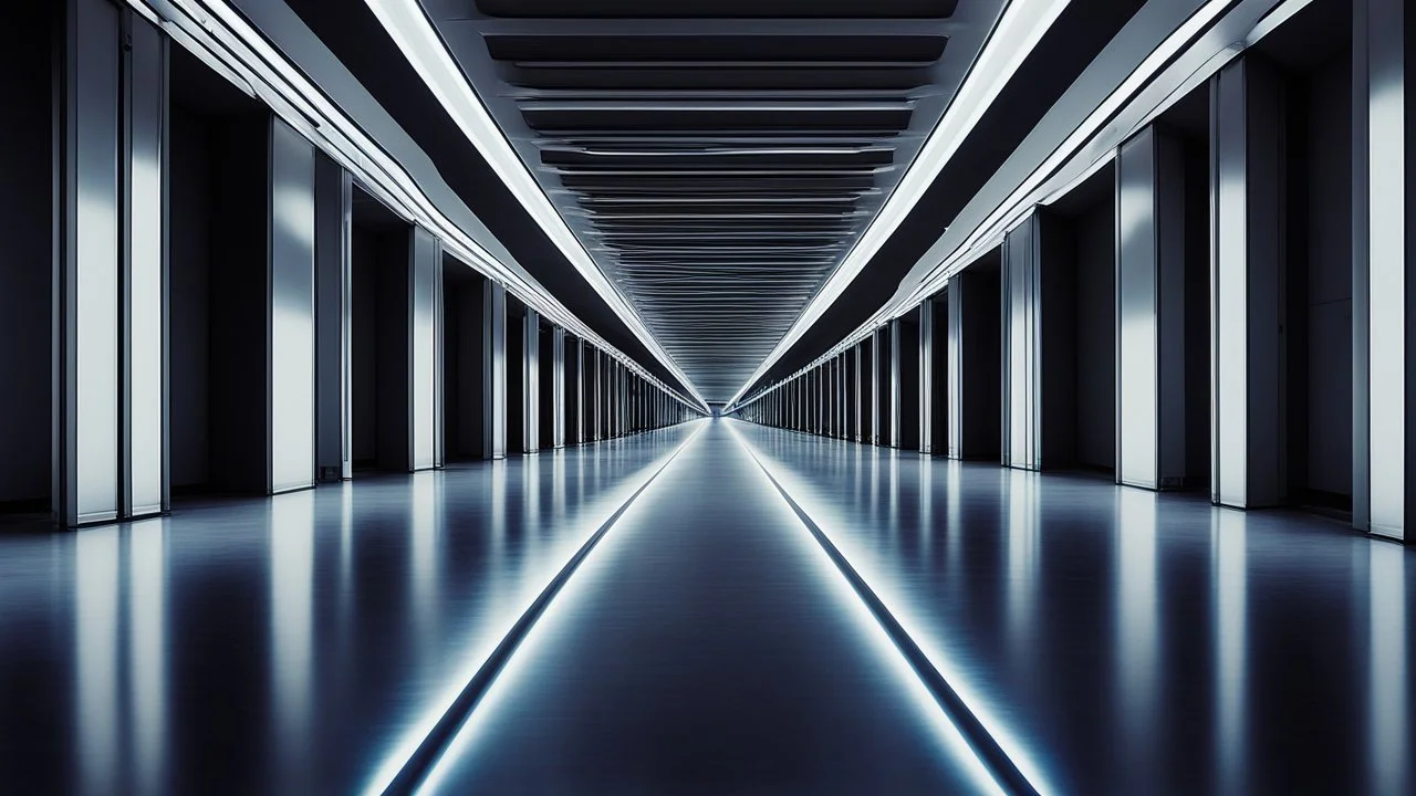 a view of a long hallway with lights on each side, infinite corridor, infinite hallway, futuristic hall, liminal space hallway, symmetrical. sci - fi, leading lines, architectural photo, endless hallways, vanishing point perspective, liminal space photography, symmetrical!! sci-fi, gateway to futurisma, an empty liminal space, infinitely long corridors