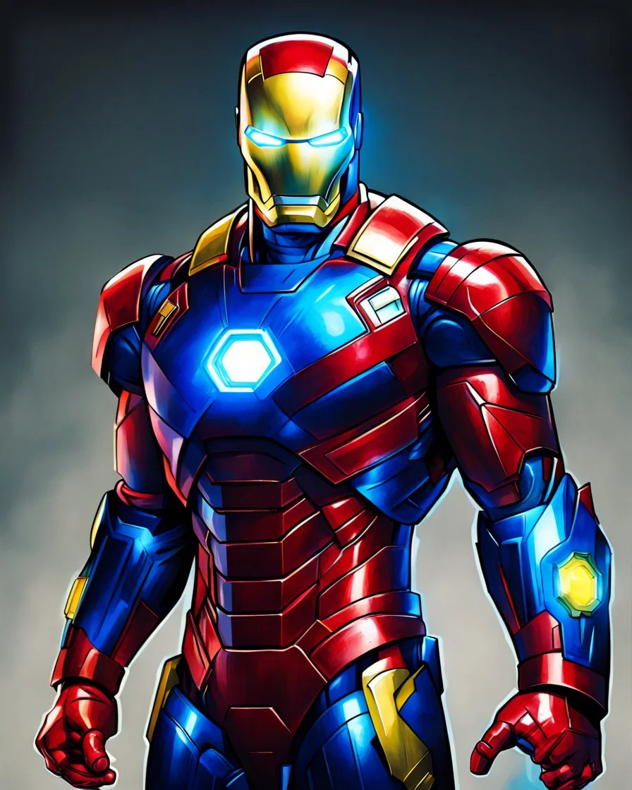 Super Iron Man, blue and red and yellow armor, kryptonite powered,