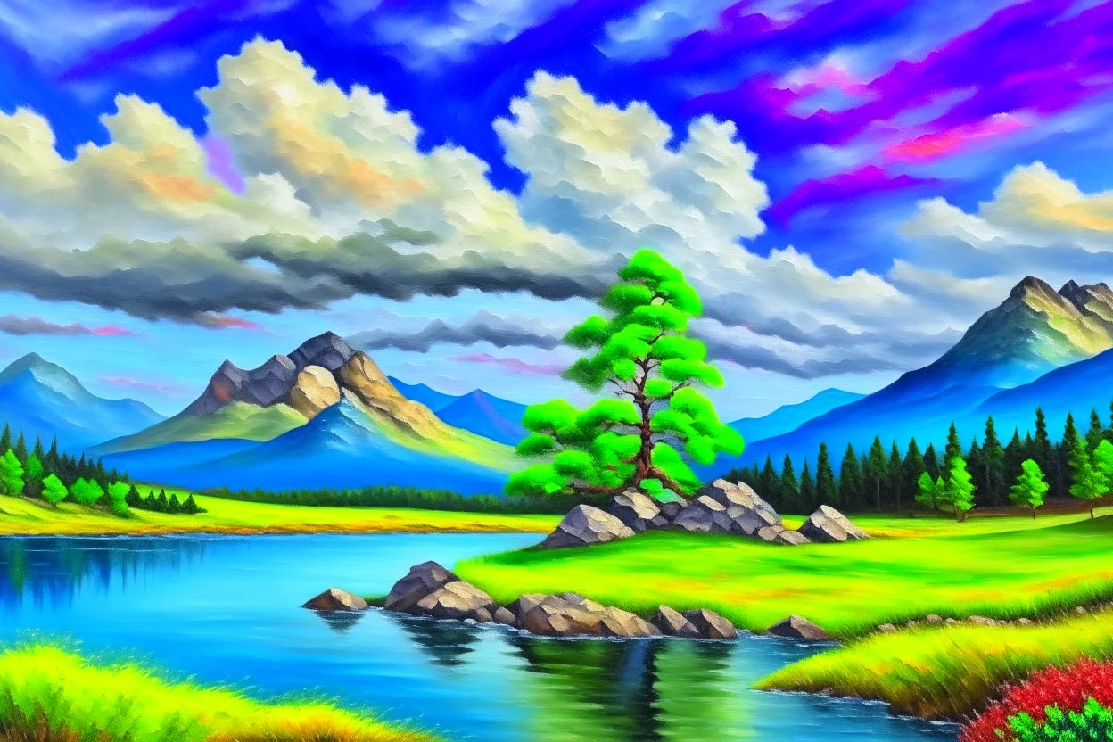 Clouds, mountains, tree, rocks, grass, lake, lake reflections, distant mountains, distant trees, impressionism painting