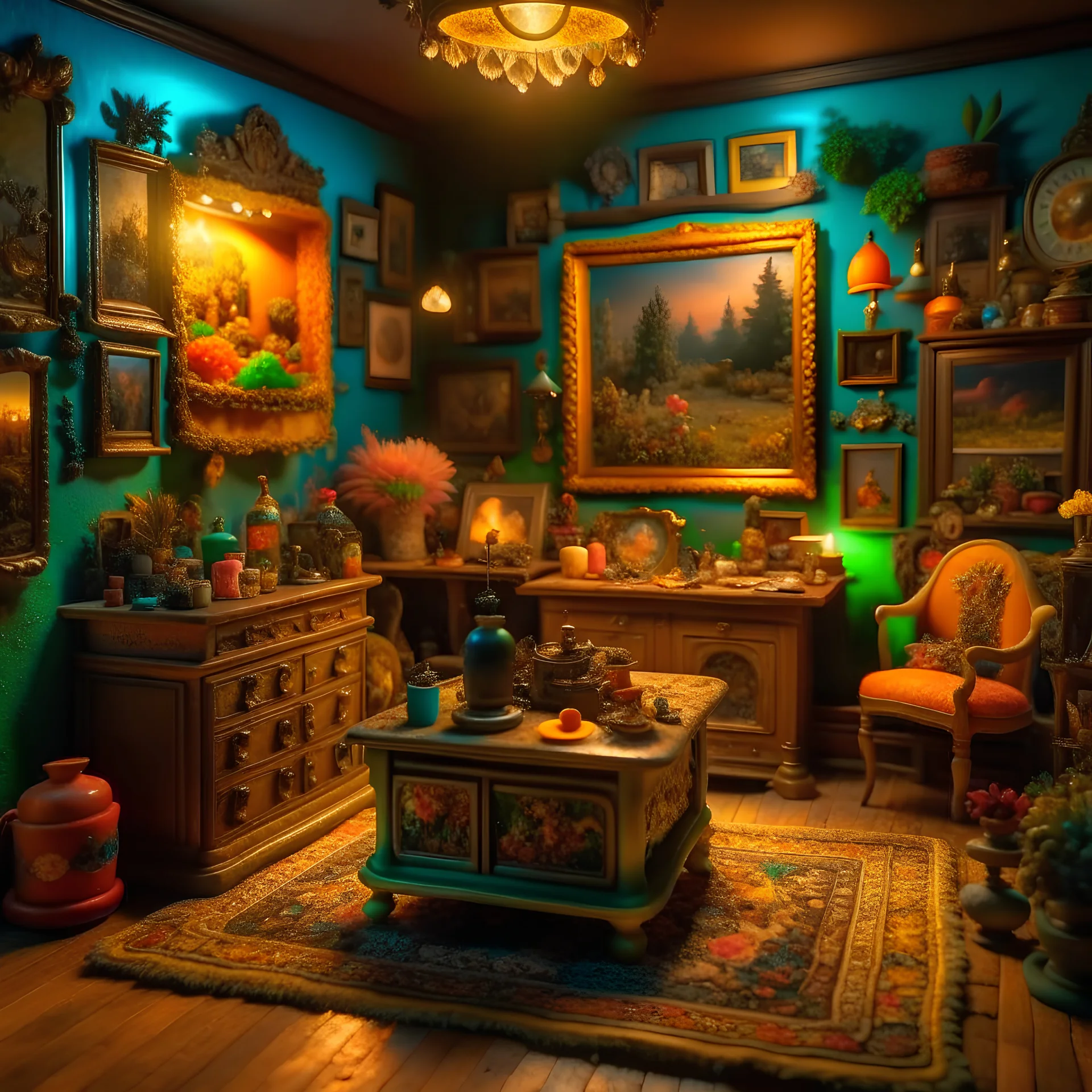 Diorama of old stuff in a room, sharp focus, 8k, 3d, very detailed, volumetric light, grim, fine art, very colorful, ornate, 35mm, F/2.8, insanely detailed and intricate, hypermaximalist, super detailed, decadent, fake