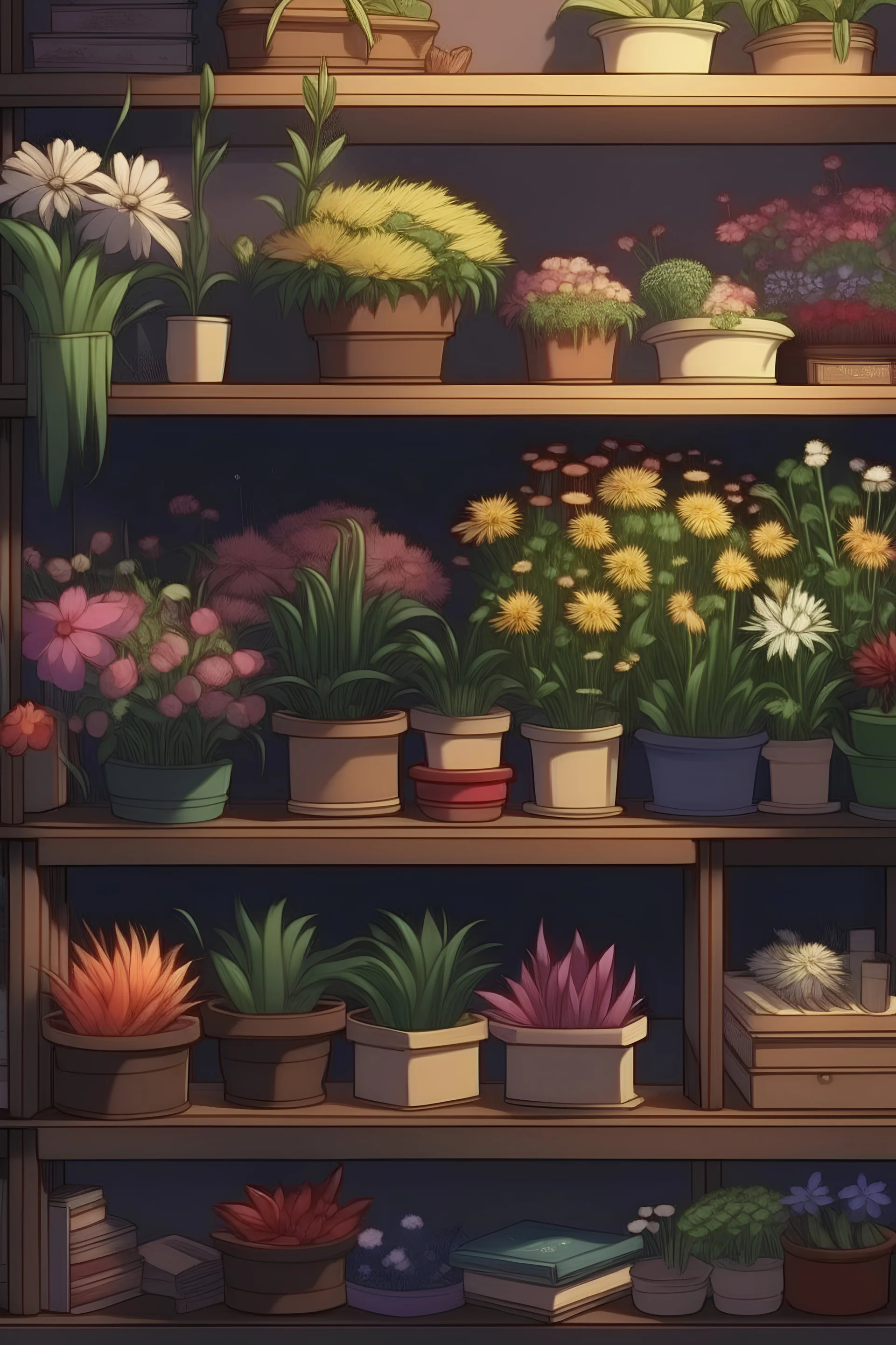 shelf with flowers anime