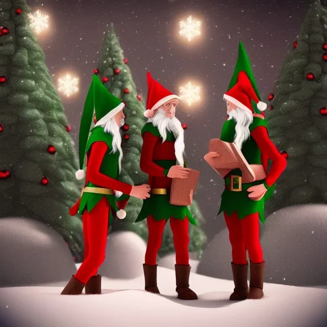 elves. Christmas scene. photorealistic. low-key