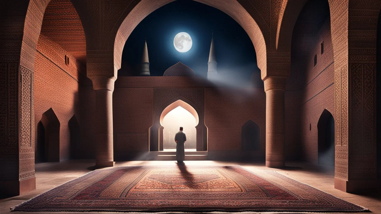 Hyper Realistic Photographic-View of a Man Worshiping-Namaz inside a prehistoric-brick-walled-mosque with pre-historic-carpets & Lalten on walls with moon-light-rays coming from outside Fancy-Mosque-Window at dark-night showing dramatic & cinematic ambiance.