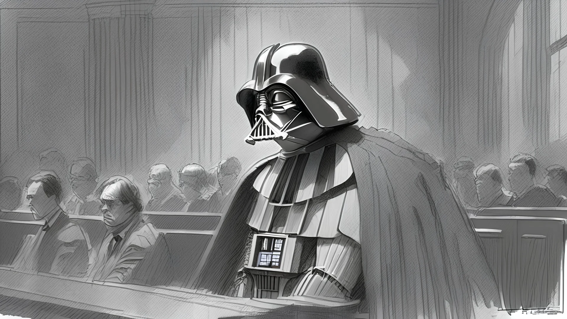 Darth Vader on trial, courtroom sketch, black and white