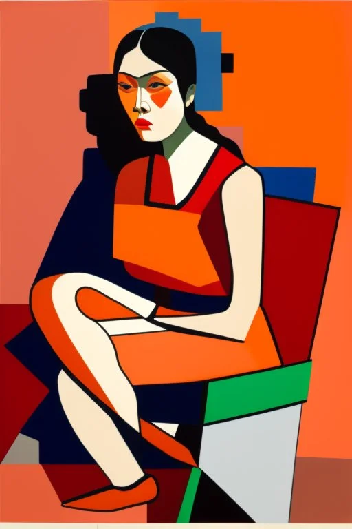 painting of a tired woman sitting on a chair, cubist vibe, sleeveless, oilpaint, variations around female, scarlet and orange blast color dynamics, 1970s philippines, family portrait,centre composition, viet aspect