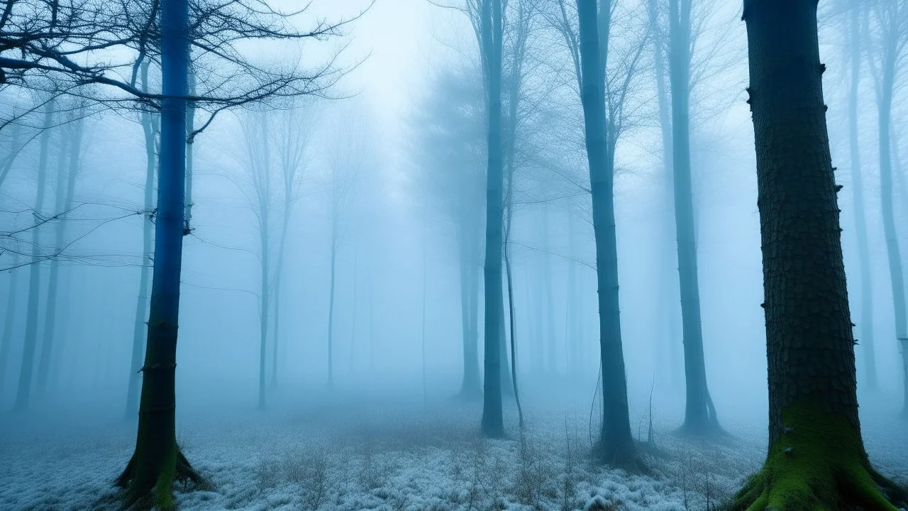 A cyan forest covered in thick fog designed in German folk art