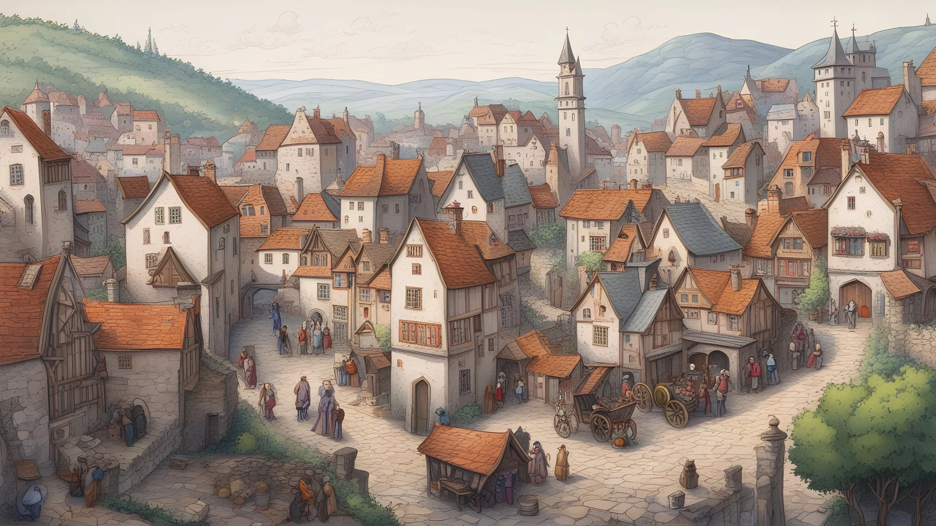 a detailed town view from atop a hill, distance view of a medieval town, with city clock, busy streets, fireplaces, horse carts, and other medieval stuff. colorful markers art, calm, beautiful