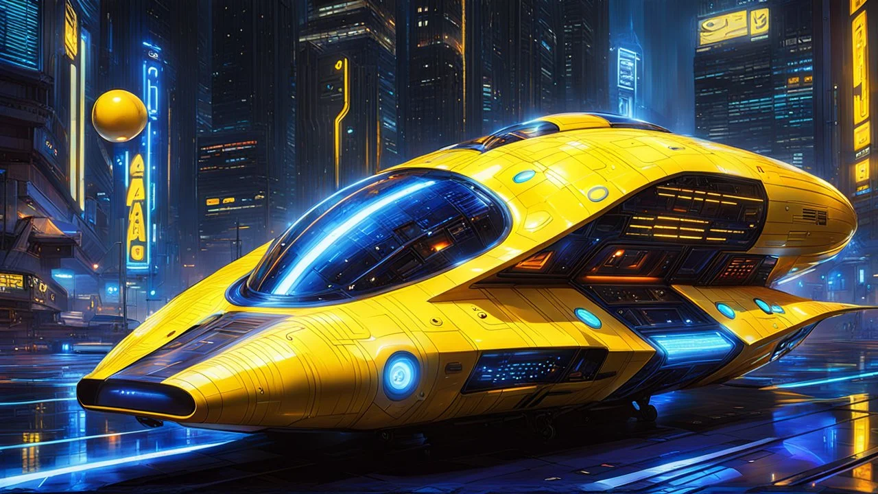 A masterpiece conceptual digital painting of a prototype, experimental, yellow(((Pac-Man)))-attack craft, with illuminated holographic eyes, pinstripes, and detailed LED light accents, in a glossy cyberpunk background, Syd Mead art style, sci-fi, cyberpunk, game art, intricate details, HDR, beautifully shot, hyperrealistic, sharp focus, dim foul lighting, 64 megapixels, perfect composition, high contrast, cinematic, atmospheric, moody.