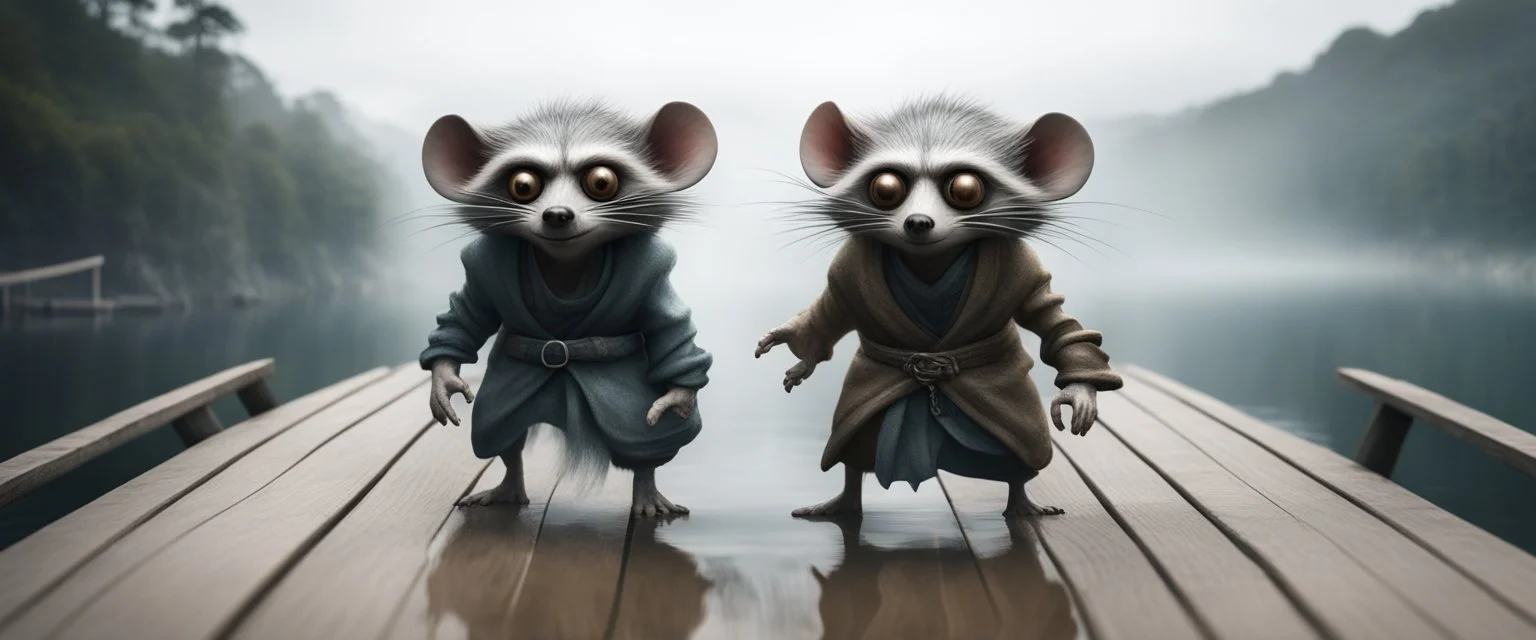 close up on huge dented glowing ghost transparent rat racoon gremlin troll in designer clothes in fast boat with googly eyes, raised by ninja necromancer in the wild, on wooden bridge by lake in surreal reflecting stone chrome landscape, background motion blur, volume light fog, rays, 4d maze