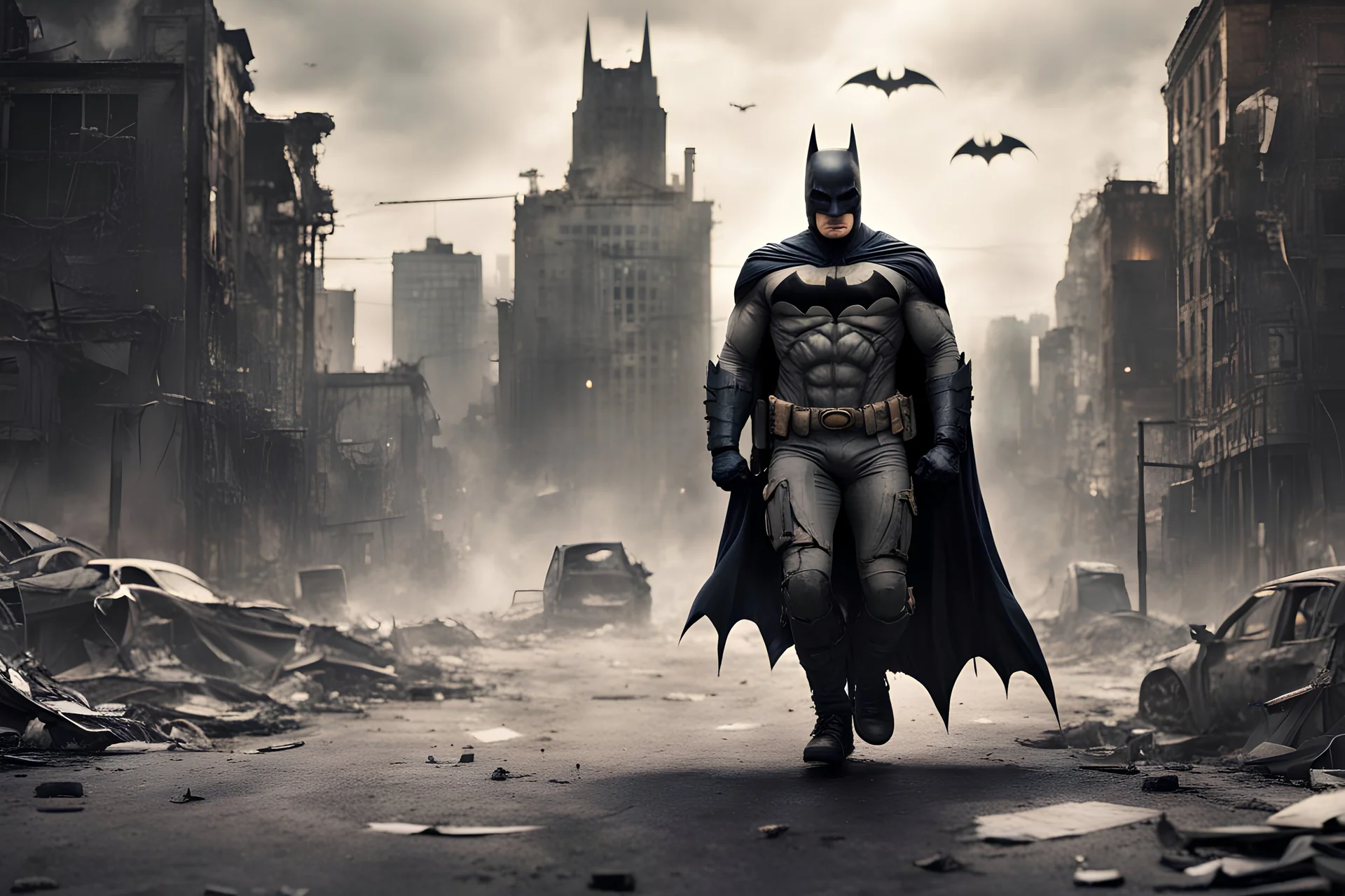 Batman going to vote. behind post apocalyptic cityscape