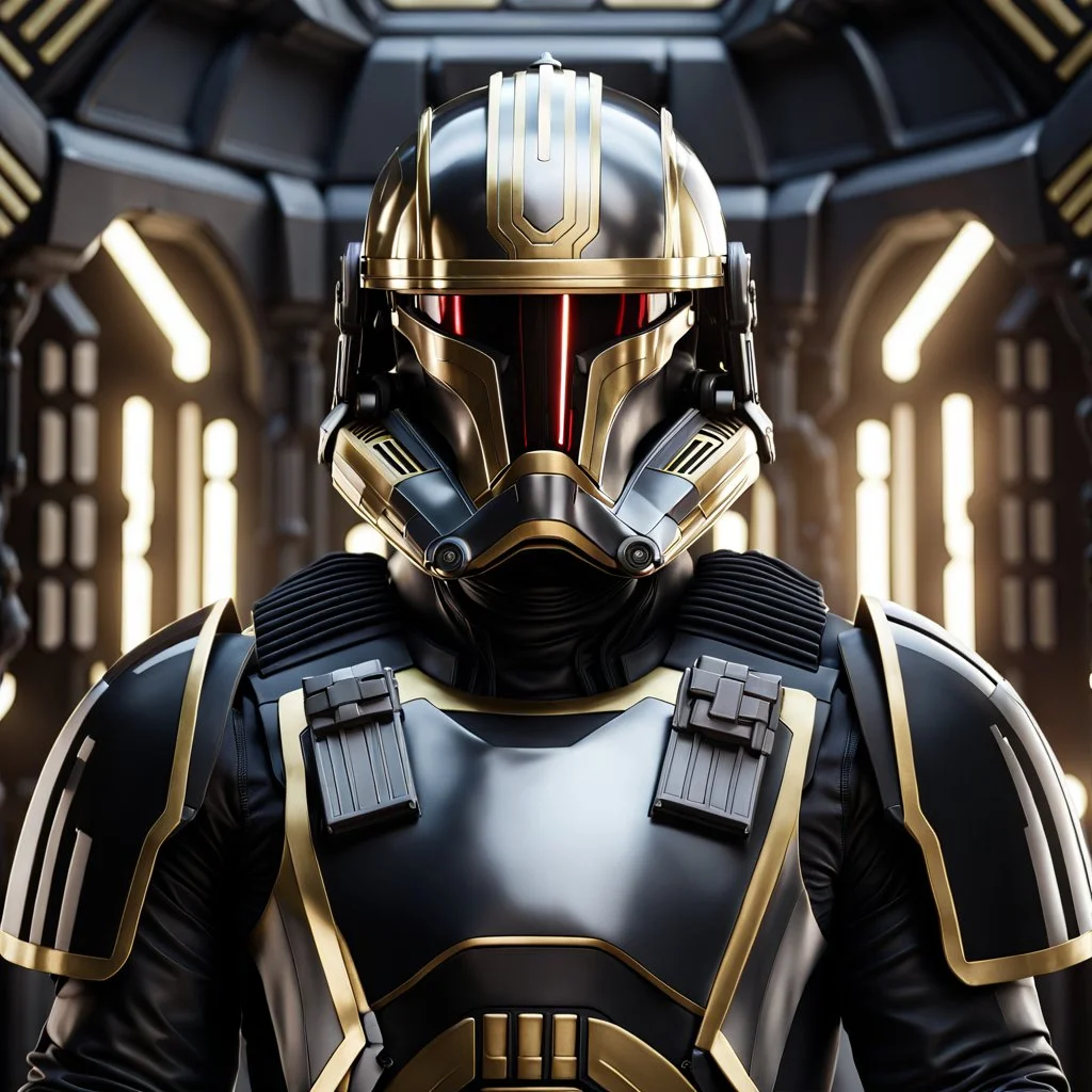 star wars bald male corellian pilot wearing pearlescent black and gunmetal grey First Order special forces heavy assault armor and helmet with gold trim inside the jedi temple, centered portrait, hyperdetailed, dynamic lighting, hyperdetailed background, 8k resolution, volumetric lighting, light skin, fully symmetric details