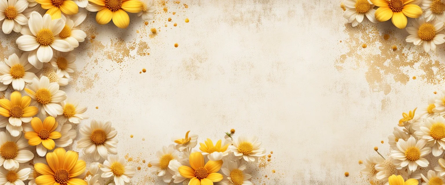 Hyper Realistic Beige-&-Yellow small-multicolor-flowers With Glowing Golden Embers On Off-White Grunge Rustic Wall Background.