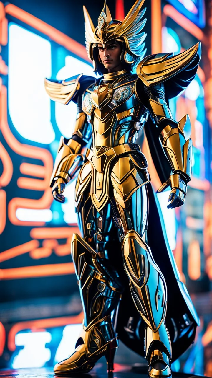 Ultra-detailed benevolent cyborg saint Seiya in a spaceship, with anthropomorphic cybernetic elements on metal armor, neon lights reflections, reflection mapping, intricate design and details, dramatic lighting, Cinematic lighting, Volumetric lighting, Epic composition, Photorealism, Bokeh blur, Very high detail, Sony Alpha α7iv, ISO1900, Character design, Unreal Engine, Octane render, HDR, Subsurface scattering, by addie digi